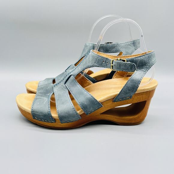 Dansko Shoes Womens 9.5 Blue Leather Sandals Trudy Wooden Wedge Ankle Strappy - Picture 5 of 11
